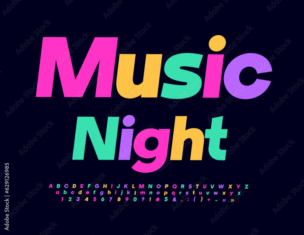 Vector trendy logotype Music Night. Colorful artistic Font. Bright Alphabet Letters, Numbers and Symbols
