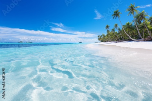 Pristine White Sandy Beach Lined with Palm Trees, Generative AI