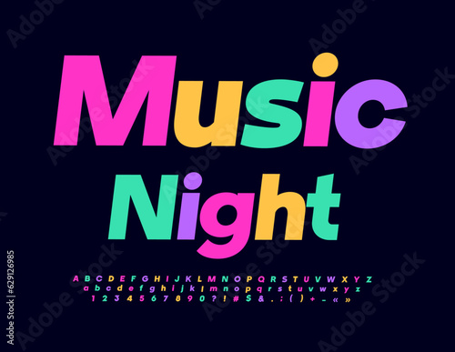 Vector trendy logotype Music Night. Colorful artistic Font. Bright Alphabet Letters, Numbers and Symbols