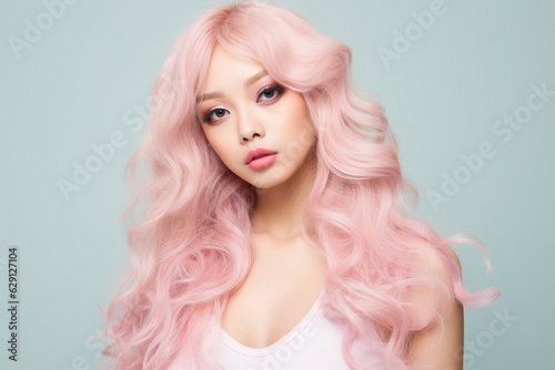 Pretty Asian woman with long pink hair on pastel background