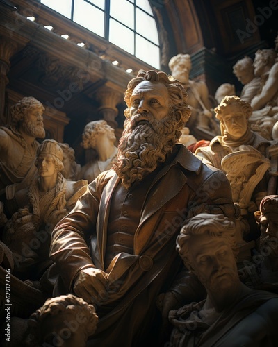 book cover illustrating an old attic filled with marble busts of historical figures, the silent guardians of forgotten histories. Ai Generated photo