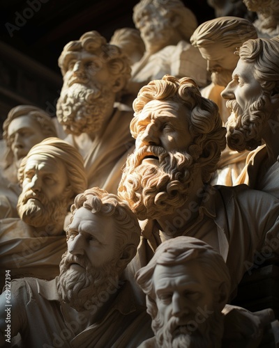 book cover illustrating an old attic filled with marble busts of historical figures, the silent guardians of forgotten histories. Ai Generated photo