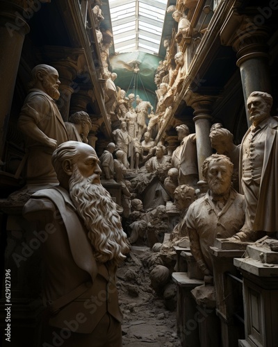 book cover illustrating an old attic filled with marble busts of historical figures, the silent guardians of forgotten histories. Ai Generated photo
