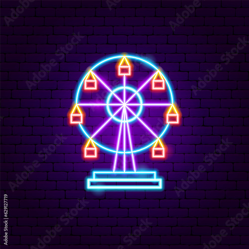 Ferris Wheel Neon Sign. Vector Illustration of Entertainment Festival Glowing Symbol.