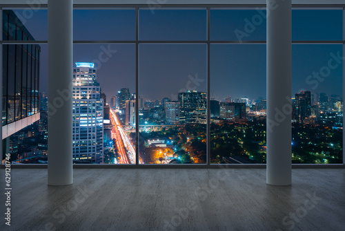 Empty room Interior Skyscrapers View Bangkok. Downtown City Skyline Buildings from High Rise Window. Beautiful Expensive Real Estate overlooking. Night time. 3d rendering. © VideoFlow