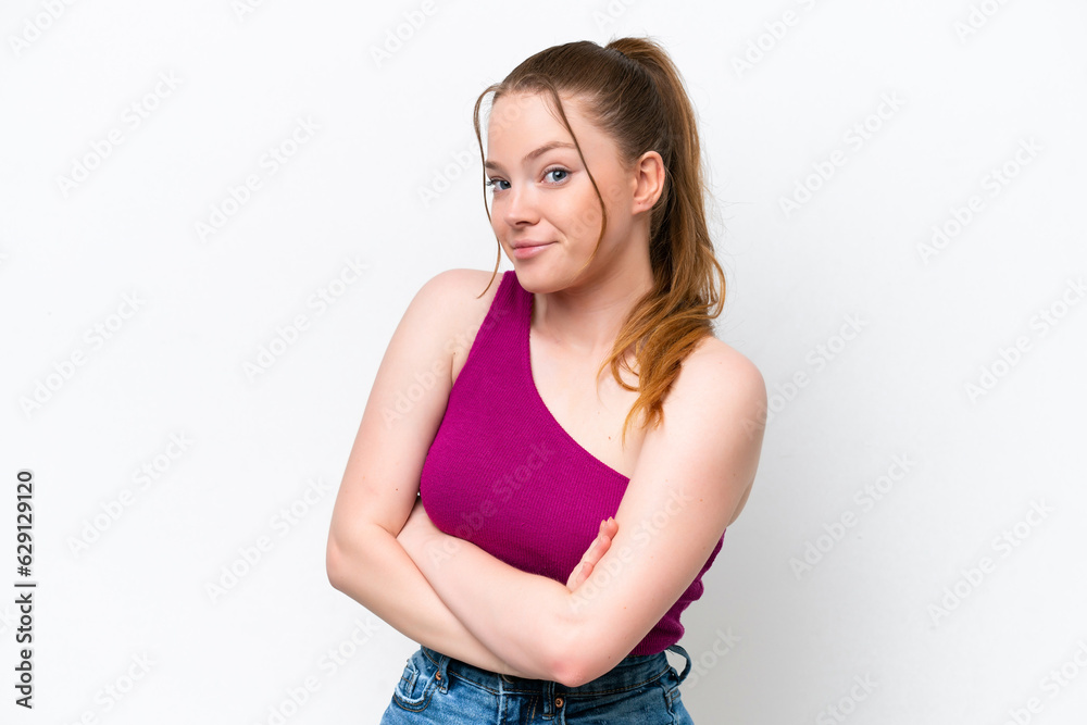 Young caucasian girl isolated on white background making doubts gesture while lifting the shoulders Young caucasian girl isolated on white background making doubts gesture while lifting the shoulders