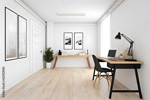 Bright and airy study room with a spacious white wall and an empty frame mockup, offering the freedom to showcase preferred prints or photographs. Generative AI