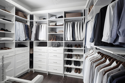 Clean and organized walk-in closet with custom shelving, hanging racks, and ample storage space. Generative AI photo