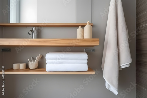 Contemporary bathroom with an empty wall and a small shelf holding neatly folded towels. Generative AI © Mihai Zaharia