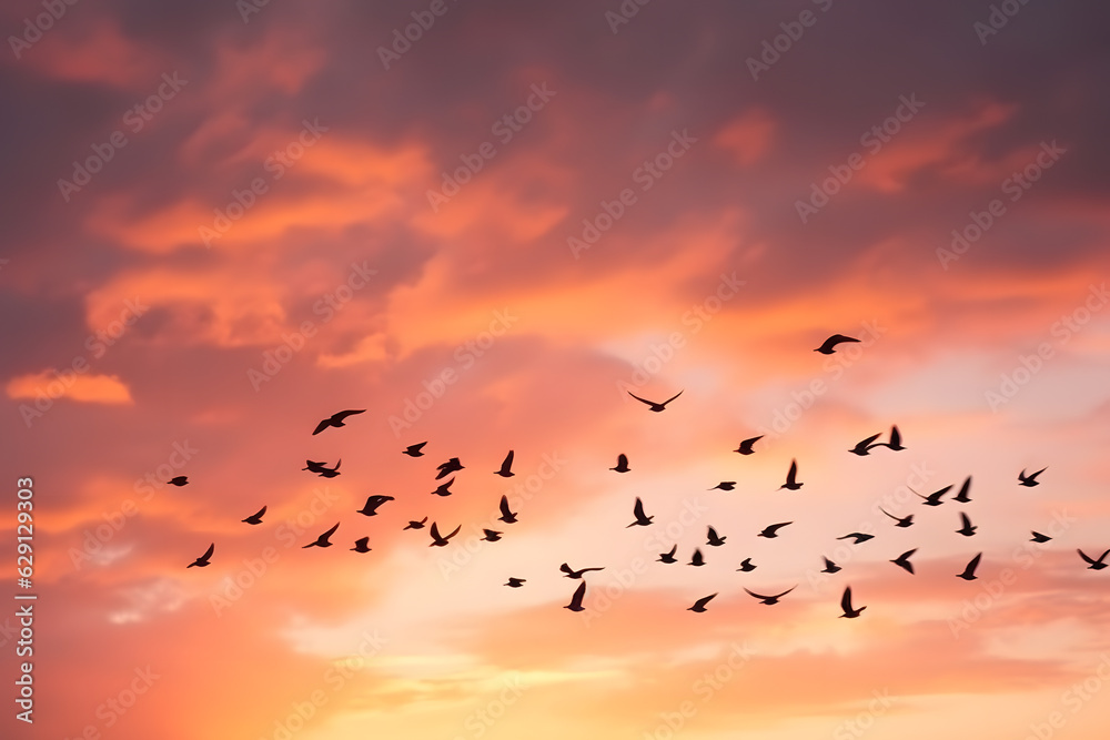 Flock of birds in flight against a colorful sunset sky, capturing the graceful motion of the birds. Generative AI