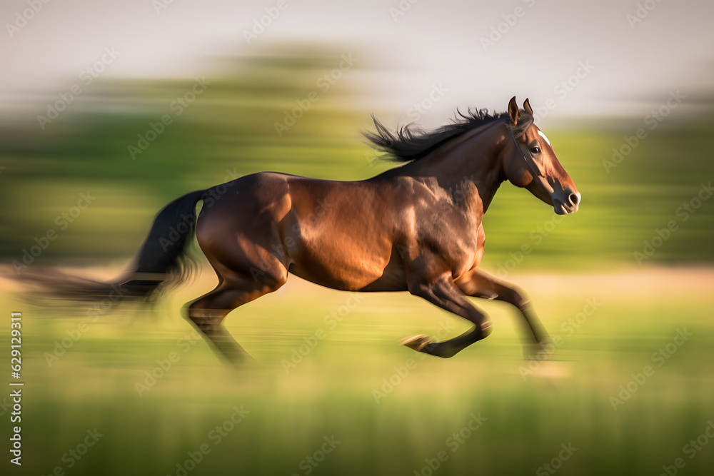 Fototapeta premium Panning shot of a horse galloping in a field, capturing the majestic motion. Dynamic and energetic image that showcases the power and grace of the animal. Generative AI