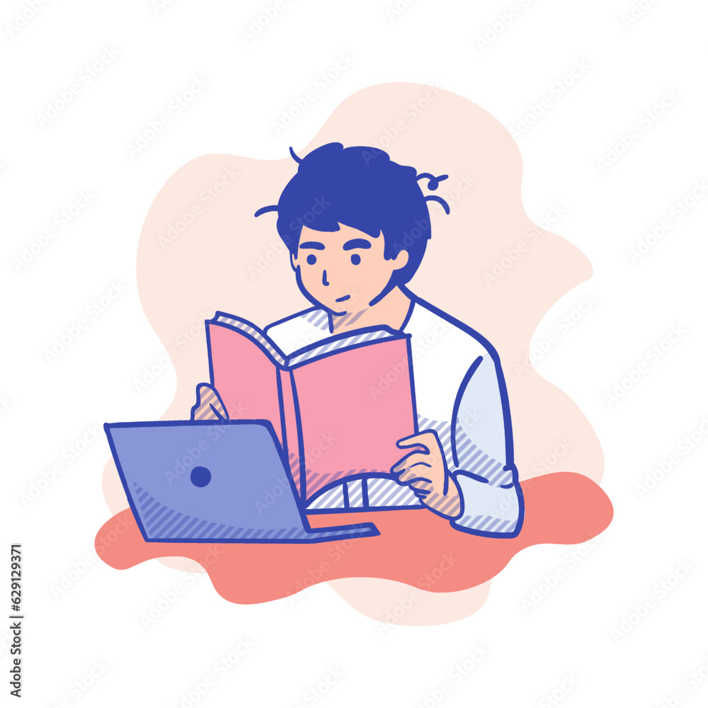 Young man with laptop and book. Vector illustration in flat style.