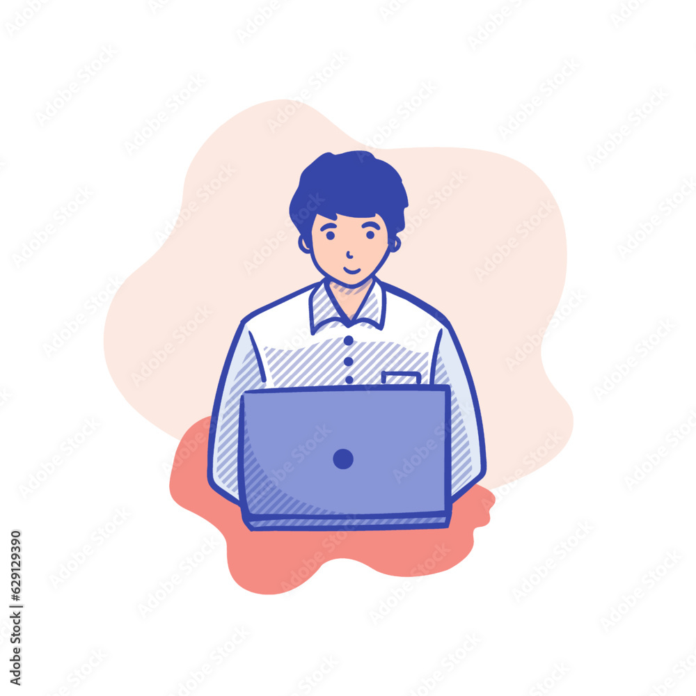 Young man working on laptop. Vector illustration in flat cartoon style.