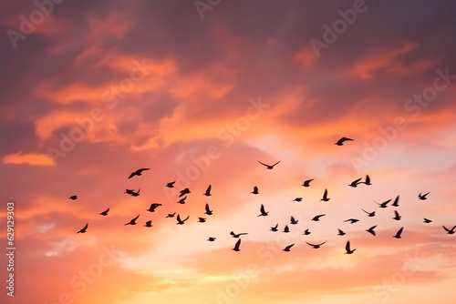 Flock of birds in flight against a colorful sunset sky, capturing the graceful motion of the birds. Generative AI © Mihai Zaharia