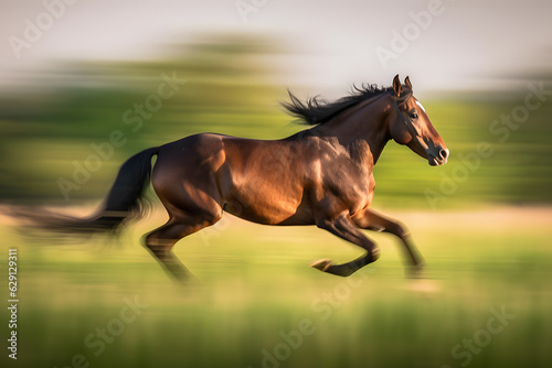 Panning shot of a horse galloping in a field, capturing the majestic motion. Dynamic and energetic image that showcases the power and grace of the animal. Generative AI