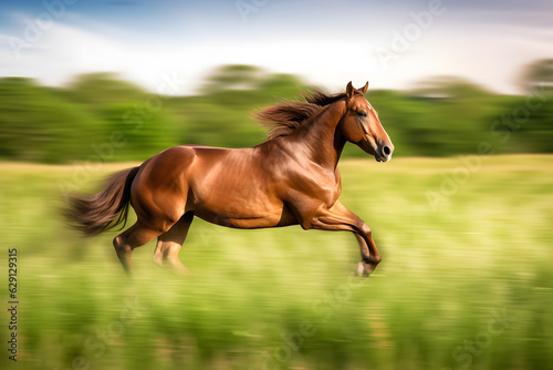 Panning shot of a horse galloping in a field  capturing the majestic motion. Dynamic and energetic image that showcases the power and grace of the animal. Generative AI