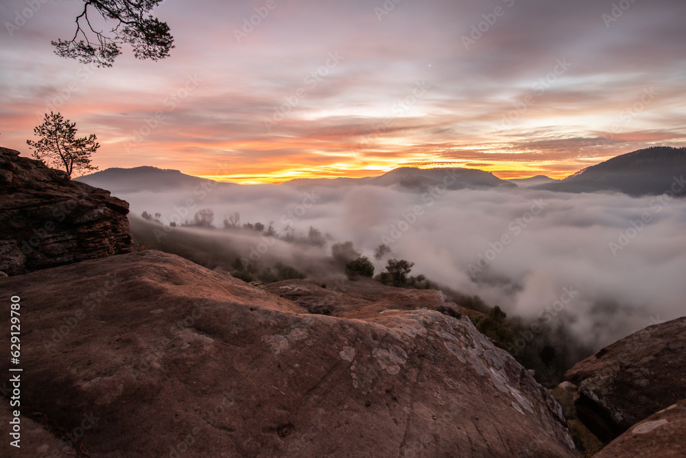 Mystical Sunrise at Wachtfelsen, Palatinate Forest. Captivating landscape shot amidst fog and clouds near Wernersberg, Germany