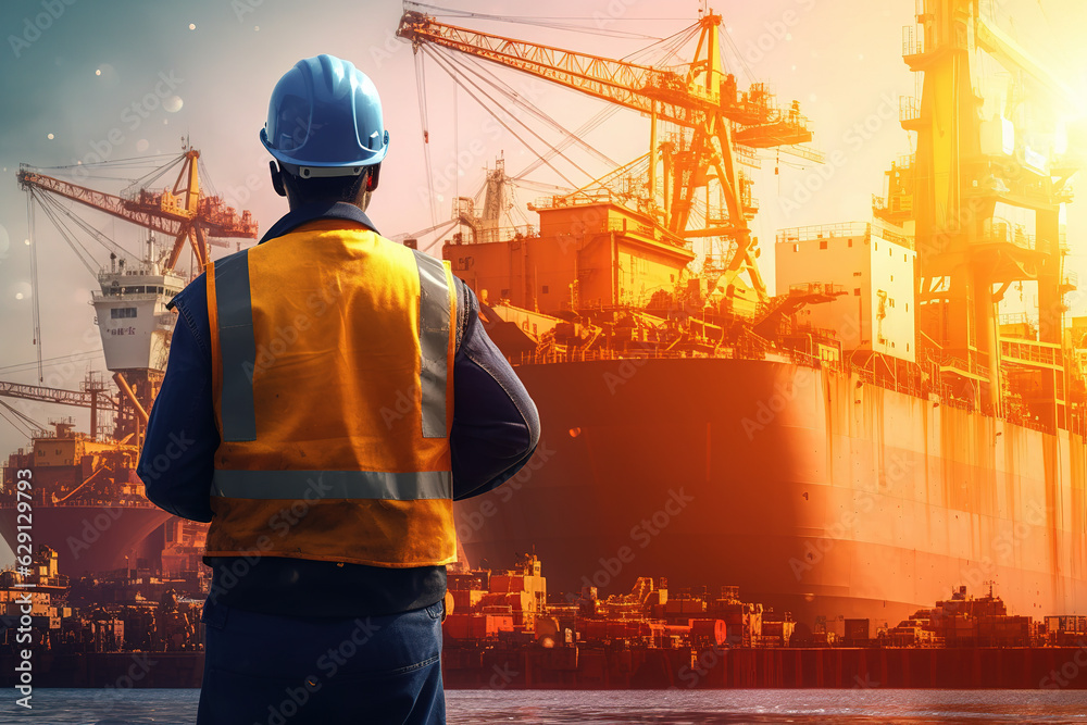 industry with cargo ship engineer worker. industry with cargo ship engineer worker.