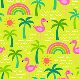 Cute hand drawn palm tree, flamingo, rainbow, sun and wave seamless pattern for summer holidays design background.