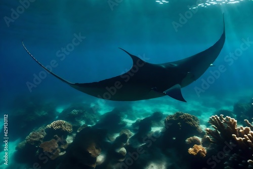 A silhouette of a Manta Ray fish swimming in the sea. 