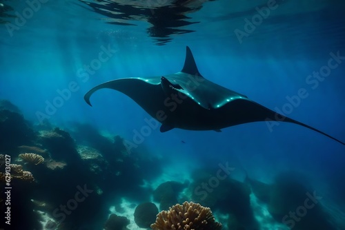 A silhouette of a Manta Ray fish swimming in the sea. 