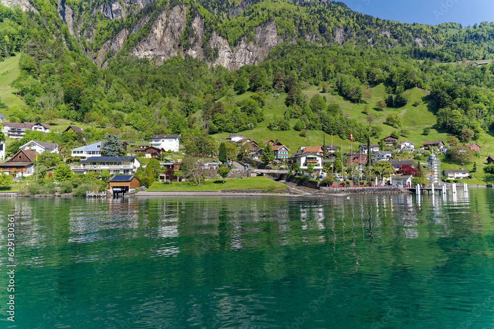View of Lake Uri with beautiful mountain panorama and Swiss village Bauen on a sunny spring day. Photo taken May 22nd, 2023, Bauen, Switzerland.