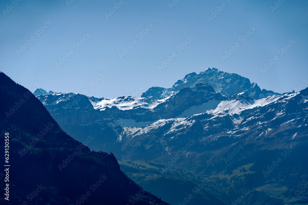 Beautiful mountain panorama with woodland in the Swiss Alps at lakeshore of Lake Uri on a sunny spring morning. Photo taken May 22nd, 2023, Sisikon, Switzerland. Beautiful mountain panorama with woodland in the Swiss Alps at lakeshore of Lake Uri on a sunny spring morning. Photo taken May 22nd, 2023, Sisikon, Switzerland.