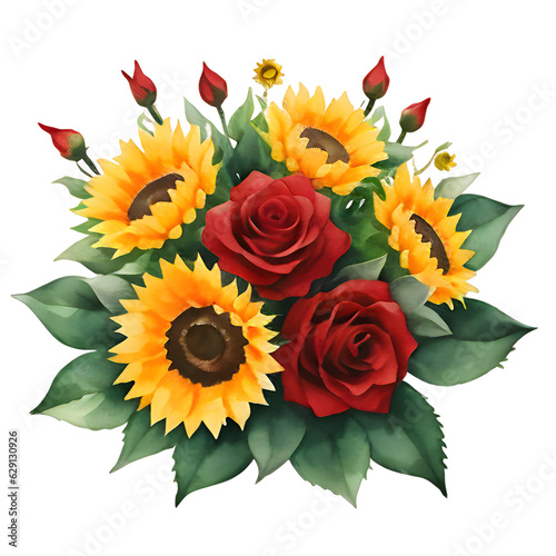 bouquet of sunflowers and red roses isolated