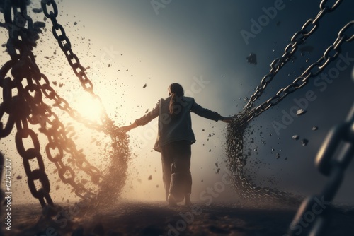 Foto Freedom person broken chains. Generate AI