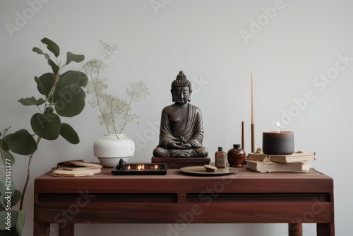 Buddha home altar wood. Generate Ai