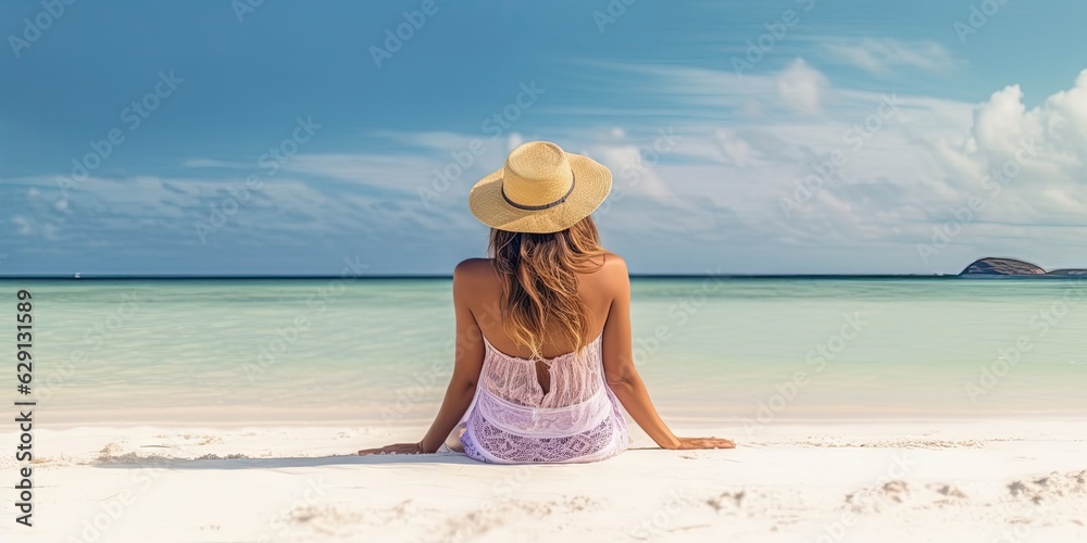 Summer hat. Travel lifestyle. Relaxing by sea. Beautiful beach holiday. Girl in swimsuit