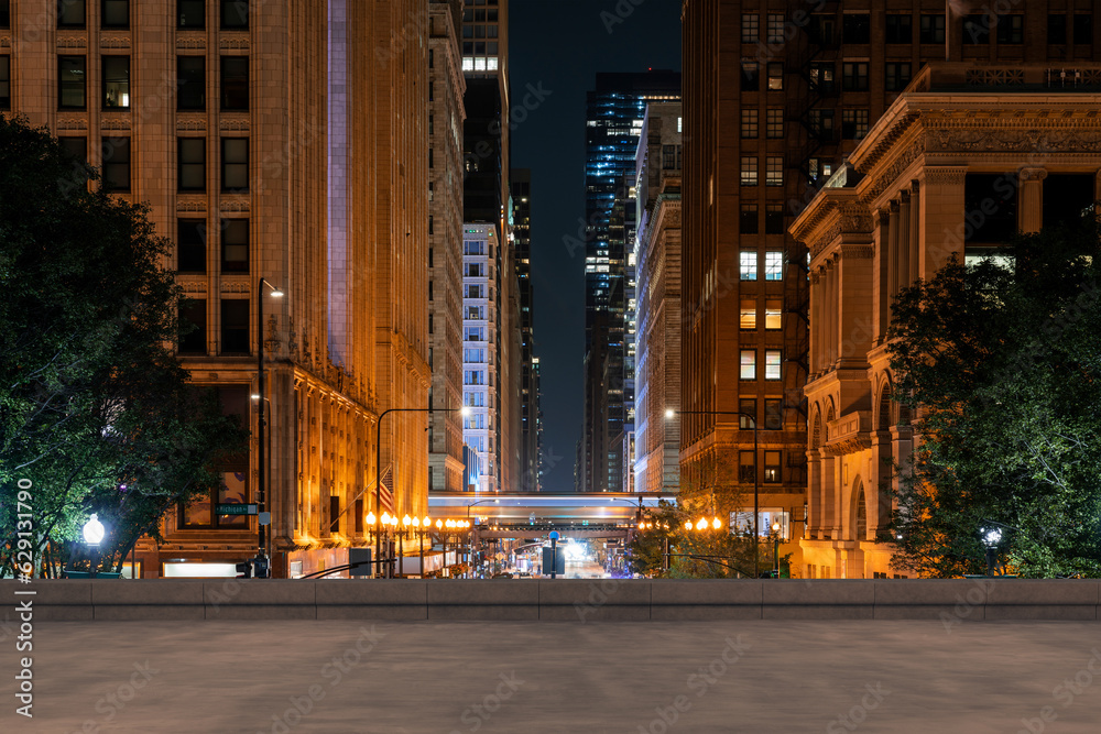 Fototapeta premium Skyscrapers Cityscape Downtown, Chicago Skyline Buildings. Beautiful Real Estate. Night time. Empty rooftop View. Success concept.