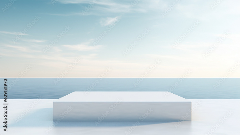 3d luxury white podium with blur ocean for your luxury product.Generative AI 3d luxury white podium with blur ocean for your luxury product.Generative AI