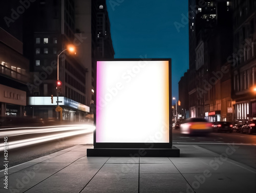 Billboard mockup outdoors, Outdoor empty advertising poster at night time with street light line street city night.