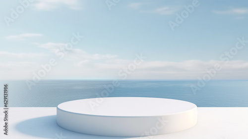 3d luxury white podium with blur ocean for your luxury product.Generative AI