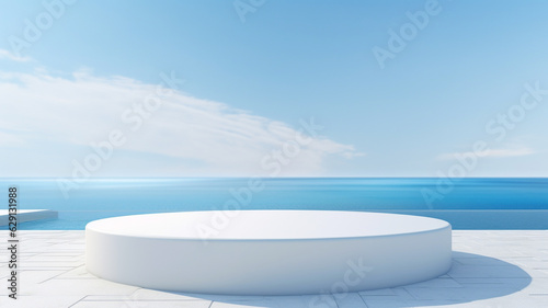 3d luxury white podium with blur ocean for your luxury product.Generative AI