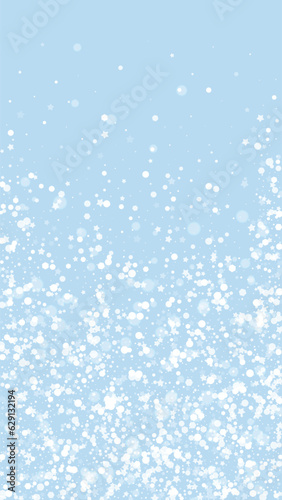 Falling snowflakes christmas background. Subtle flying snow flakes and stars on light blue winter backdrop. Beautifully falling snowflakes overlay. Vertical vector illustration.