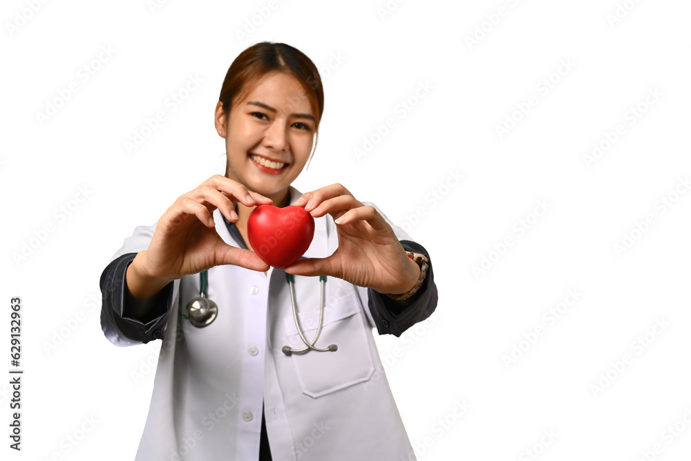 Image of female doctor holding stethoscope and red heart isolated white background. Cardiology, medicine and healthcare concept Image of female doctor holding stethoscope and red heart isolated white background. Cardiology, medicine and healthcare concept