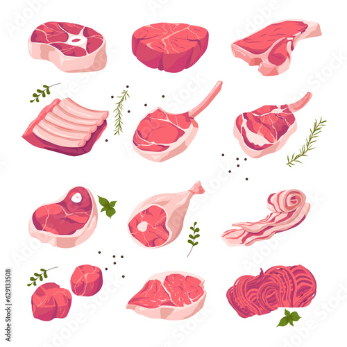 Pork meat, different kinds assortment in shop