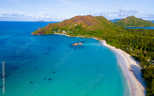 drone aerial view at Anse Volbert Praslin island in Seychelles aerial view on Anse Volbert Cote d'Or beach on Praslin island in Seychelles. 