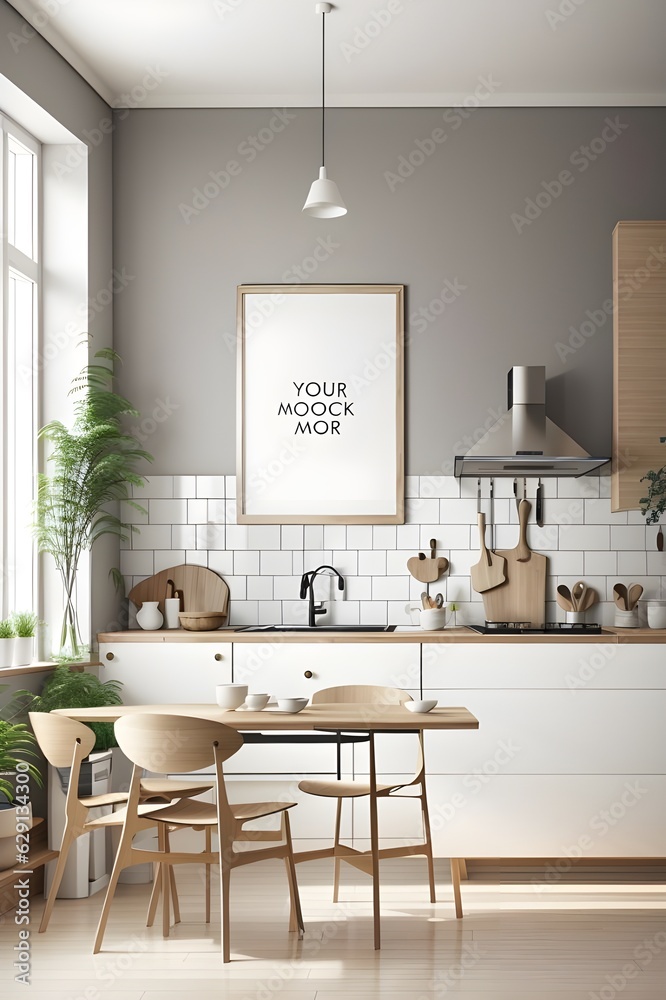 Mockup poster frame in kitchen interior Mockup poster frame in kitchen interior