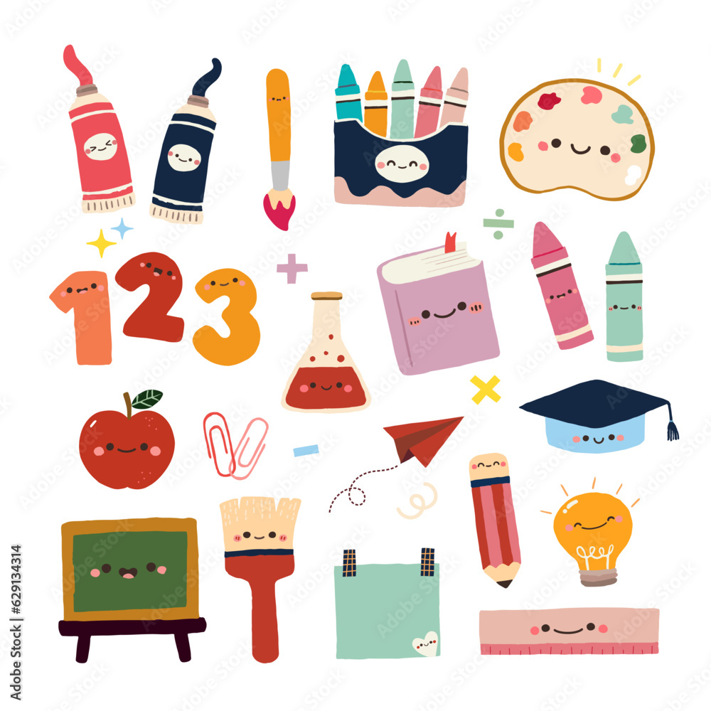 Hand Drawn cartoon characters of school stationary Set 2. Back to school kawaii vector