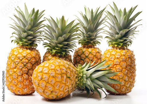 Fresh ripe sweet pineapples on white background.Macro.AI Generative