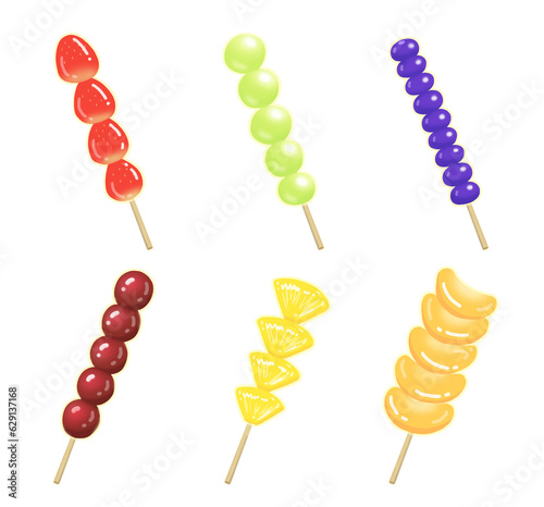 Sugar coated candy, tanghulu, fruit sugar skewers, strawberry, blueberry, pineapple,
 green grape, tangerine, cherry, 
