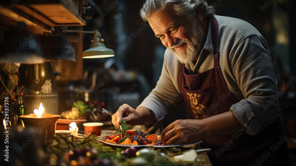 elderly man preparing a christmas meal, embodying the warmth and tradition of home celebrations, Generative AI
