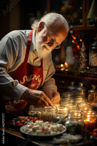 the warmth of christmas traditions captured in an elderly man's kitchen, the joy of home celebrations, Generative AI