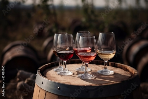 Five glasses of white, rose and red wine on a wooden barrel in the vineyard. Wine tasting in outdoor winery restaurant travel tour. Grape production and winemaking concept. Generative AI Technology