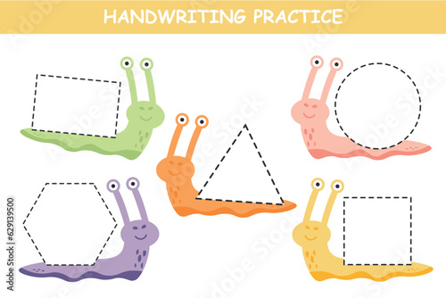 Tracing lines for children with snails. Handwriting practice. Help the snails, draw a line. Color the geometric shapes. Polygon, circle, rectangle, square, triangle.