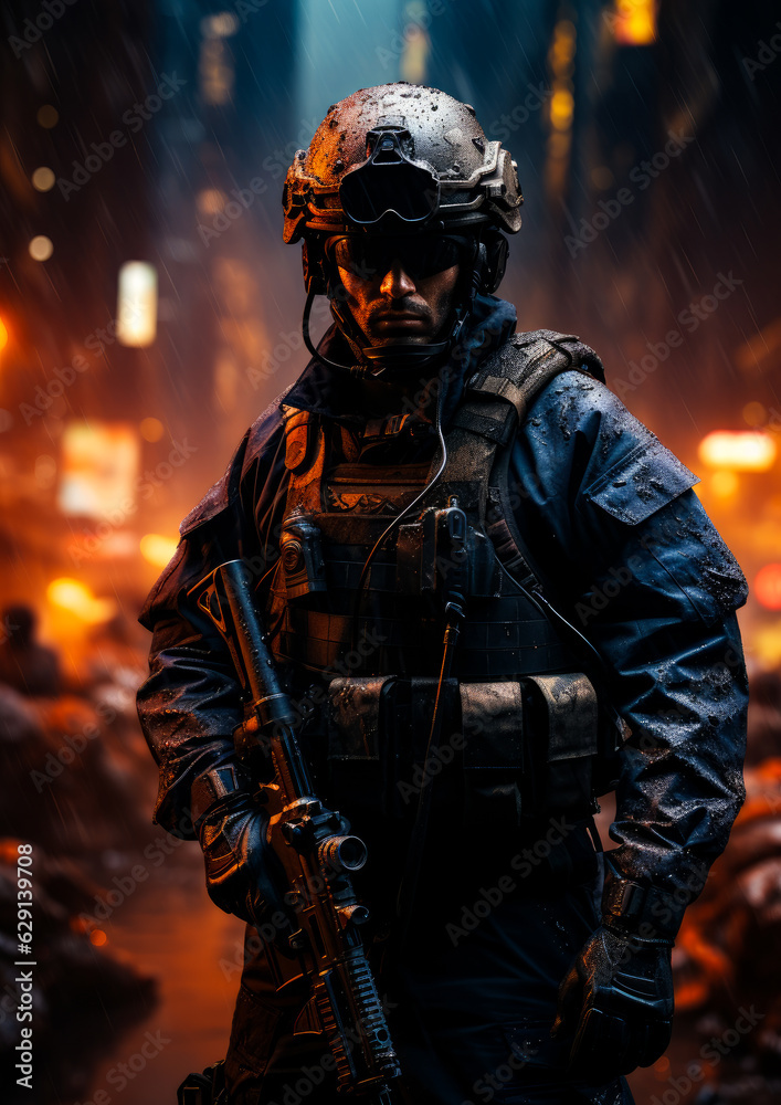 Military man wearing uniform and helmet holding a gun. Special forces soldier under the rain. Generative AI.