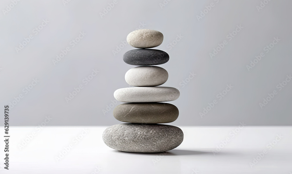 Stones of balance. Pebbles pyramid on white background. For banner, postcard, book illustration. Created with generative AI tools Stones of balance. Pebbles pyramid on white background. For banner, postcard, book illustration. Created with generative AI tools